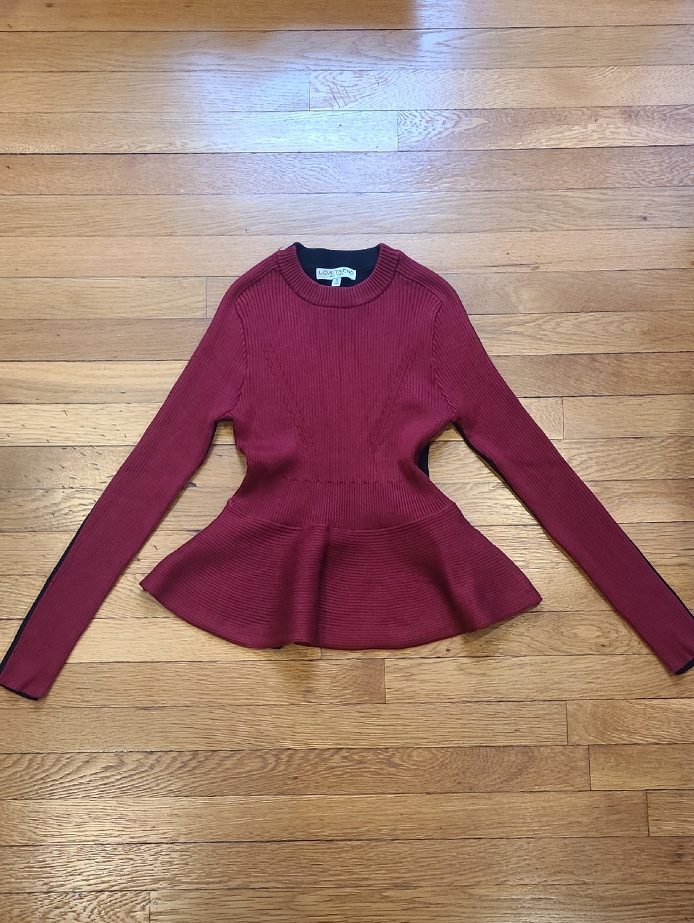Maroon Ribbed Peplum Long Sleeve Sweater